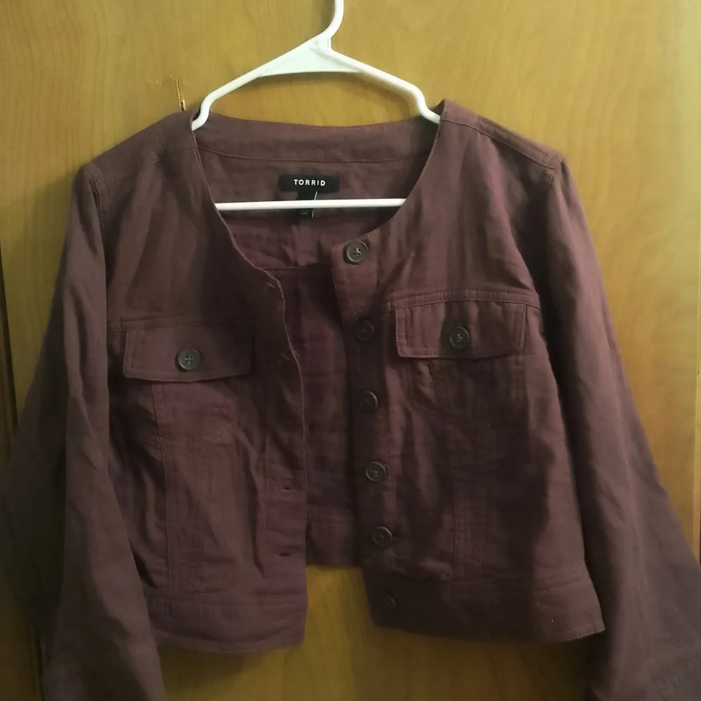 Torrid Women's Double Gauze Cropped Collarless Jacket In Spruce 3/4‎ Sleeve